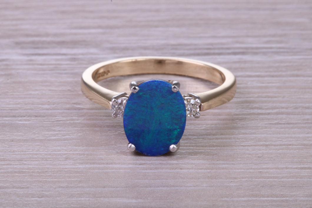 Beautiful Fiery Natural Opal and Diamonds set Gold Ring