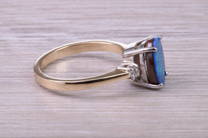 Beautiful Fiery Natural Opal and Diamonds set Gold Ring