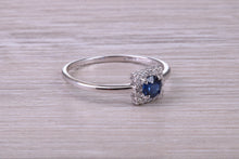 Load image into Gallery viewer, Dainty Sapphire and Halo set Diamond 18ct White Gold Ring