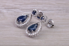 Load image into Gallery viewer, Pear Drop cut Blue Sapphire and Diamond set White Gold Dropper Earrings, Very Dressy