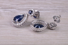 Load image into Gallery viewer, Pear Drop cut Blue Sapphire and Diamond set White Gold Dropper Earrings, Very Dressy