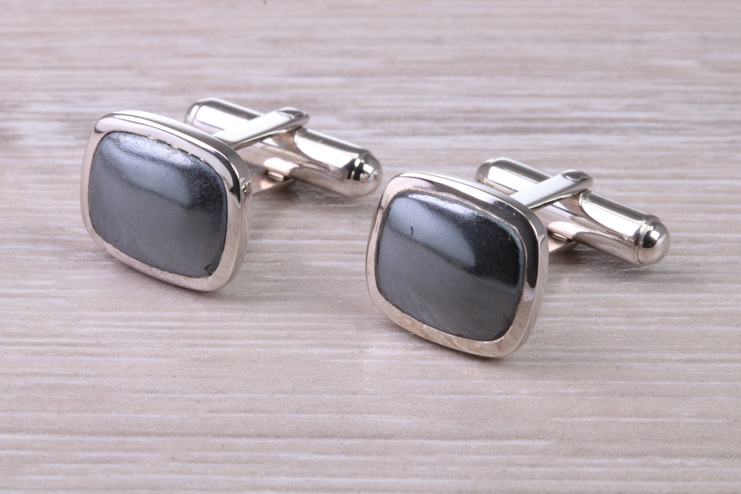 Natural Hematite set Gentleman's Cufflinks. made from solid sterling silver, traditional cufflinks with swivel back fittings.