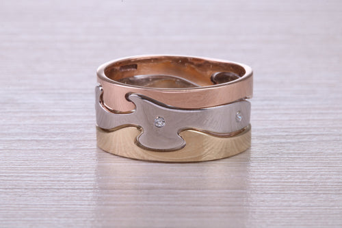 Diamond set 10 mm Wide Jigsaw Puzzle Ring, Solid Yellow, Rose and White Gold
