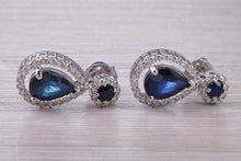 Load image into Gallery viewer, Pear Drop cut Blue Sapphire and Diamond set White Gold Dropper Earrings, Very Dressy