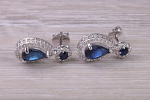 Load image into Gallery viewer, Pear Drop cut Blue Sapphire and Diamond set White Gold Dropper Earrings, Very Dressy