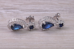 Pear Drop cut Blue Sapphire and Diamond set White Gold Dropper Earrings, Very Dressy