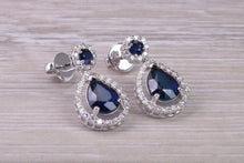 Load image into Gallery viewer, Pear Drop cut Blue Sapphire and Diamond set White Gold Dropper Earrings, Very Dressy
