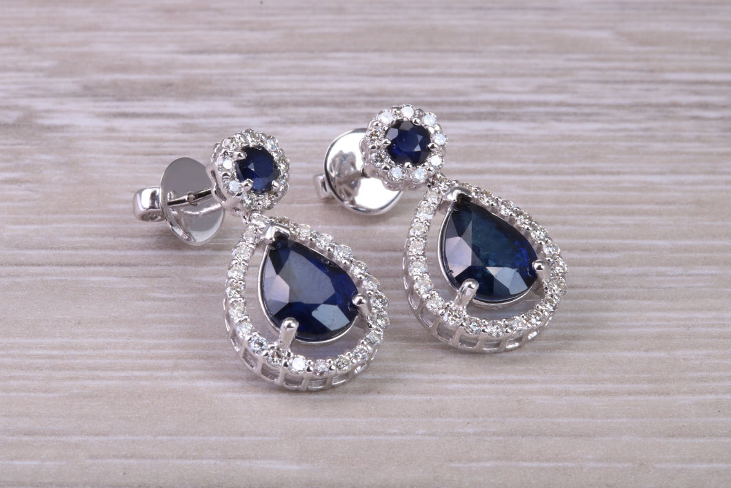 Pear Drop cut Blue Sapphire and Diamond set White Gold Dropper Earrings, Very Dressy