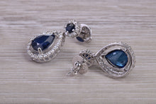 Load image into Gallery viewer, Pear Drop cut Blue Sapphire and Diamond set White Gold Dropper Earrings, Very Dressy