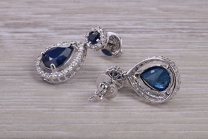Pear Drop cut Blue Sapphire and Diamond set White Gold Dropper Earrings, Very Dressy