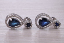Load image into Gallery viewer, Pear Drop cut Blue Sapphire and Diamond set White Gold Dropper Earrings, Very Dressy