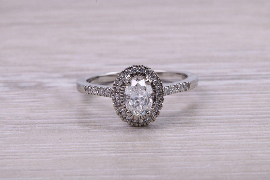 0.80ct E VS2 Oval cut GIA Certified Natural Diamond Halo set Platinum Ring