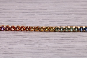 Seven carats Multi Coloured Natural Sapphire set Solid Yellow Gold Tennis Bracelet, All Real Rainbow Coloured Sapphires, British Hallmarked