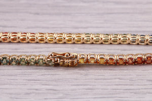 Seven carats Multi Coloured Natural Sapphire set Solid Yellow Gold Tennis Bracelet, All Real Rainbow Coloured Sapphires, British Hallmarked