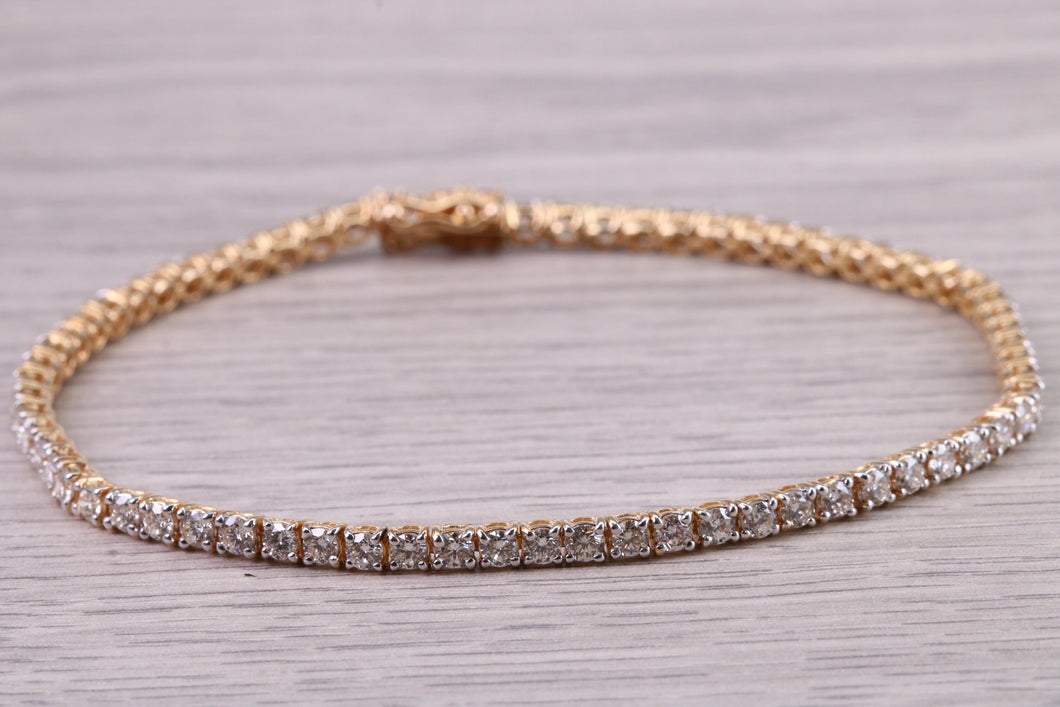 Three and Half carats Natural Diamonds set Yellow Gold Tennis Bracelet, British Hallmarked