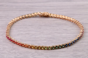 Five carats Multi Coloured Natural Sapphire set Solid Yellow Gold Tennis Bracelet, All Real Rainbow Coloured Sapphires, British Hallmarked