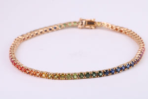 Five carats Multi Coloured Natural Sapphire set Solid Yellow Gold Tennis Bracelet, All Real Rainbow Coloured Sapphires, British Hallmarked