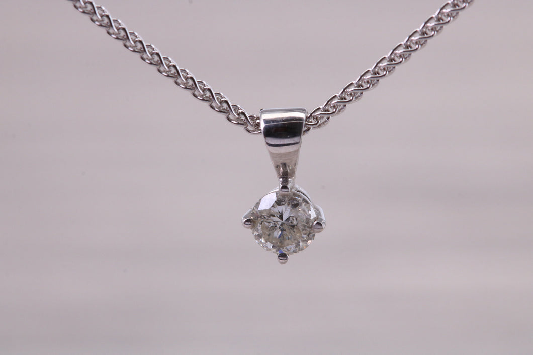 0.19ct Simple Diamond Solitaire set White Gold Necklace, F VS Graded Natural Diamond, British Hallmarked, Choice of Chain Lengths