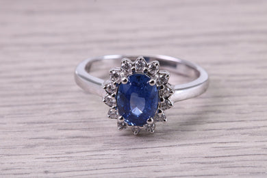 Natural 1.37ct Oval cut Vivid Royal Blue Sapphire and 0.25ct Top Graded Natural Round Diamonds set 18ct White Gold Ring,