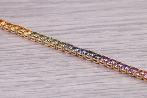 Seven carats Multi Coloured Natural Sapphire set Solid Yellow Gold Tennis Bracelet, All Real Rainbow Coloured Sapphires, British Hallmarked