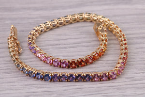 Seven carats Multi Coloured Natural Sapphire set Solid Yellow Gold Tennis Bracelet, All Real Rainbow Coloured Sapphires, British Hallmarked