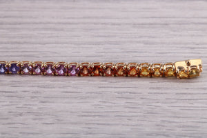 Seven carats Multi Coloured Natural Sapphire set Solid Yellow Gold Tennis Bracelet, All Real Rainbow Coloured Sapphires, British Hallmarked