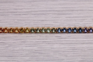 Seven carats Multi Coloured Natural Sapphire set Solid Yellow Gold Tennis Bracelet, All Real Rainbow Coloured Sapphires, British Hallmarked