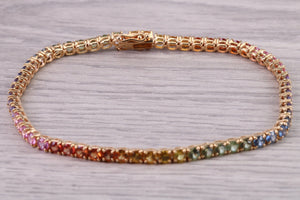 Seven carats Multi Coloured Natural Sapphire set Solid Yellow Gold Tennis Bracelet, All Real Rainbow Coloured Sapphires, British Hallmarked