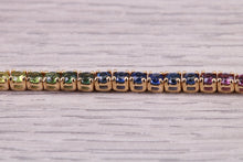 Load image into Gallery viewer, Five carats Multi Coloured Natural Sapphire set Solid Yellow Gold Tennis Bracelet, All Real Rainbow Coloured Sapphires, British Hallmarked
