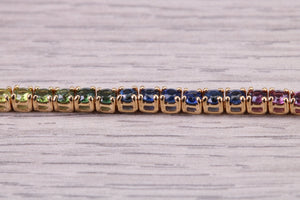 Five carats Multi Coloured Natural Sapphire set Solid Yellow Gold Tennis Bracelet, All Real Rainbow Coloured Sapphires, British Hallmarked