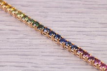 Load image into Gallery viewer, Five carats Multi Coloured Natural Sapphire set Solid Yellow Gold Tennis Bracelet, All Real Rainbow Coloured Sapphires, British Hallmarked