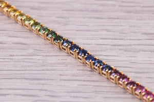 Five carats Multi Coloured Natural Sapphire set Solid Yellow Gold Tennis Bracelet, All Real Rainbow Coloured Sapphires, British Hallmarked