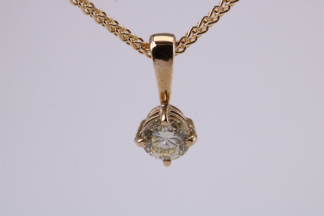 Quarter carat Simple Diamond Solitaire set Yellow Gold Necklace, F VS Graded Natural Diamond, British Hallmarked, Choice of Chain Lengths
