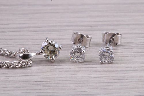 Natural Round cut Diamond Solitaire stud Earrings With Matching Necklace set in 18ct White Gold, British Hallmarked